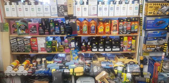 Car polish, sponges, shampoo.