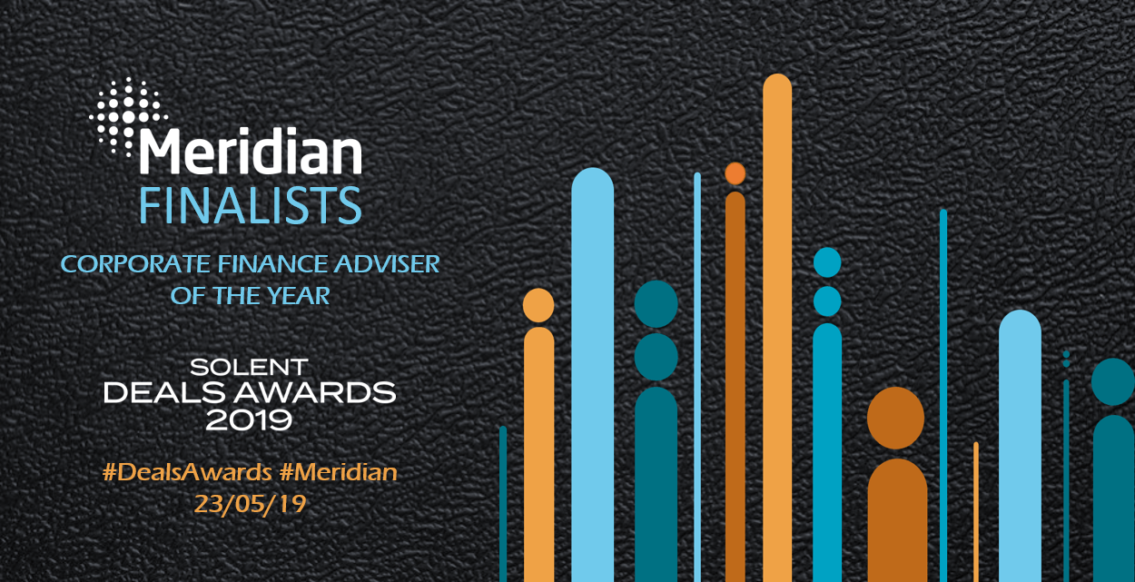 Meridian Finalists logo for the Solent Deals Awards 2019. Corporate Finance Advisor of the Year. Blue and orange bars.