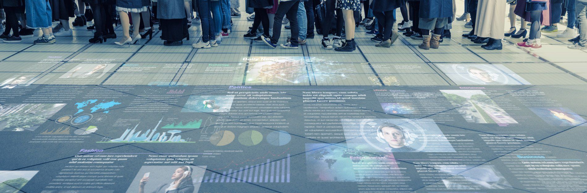People walking over a floor with data displays. Blue-toned. Futuristic, tech-related theme.