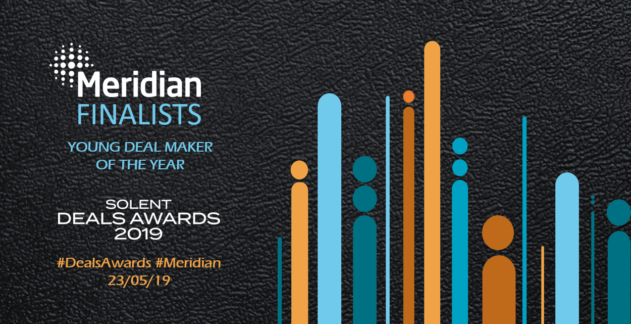 Meridian Finalists logo for the Solent Deals Awards 2019. Features colorful vertical bars and text.