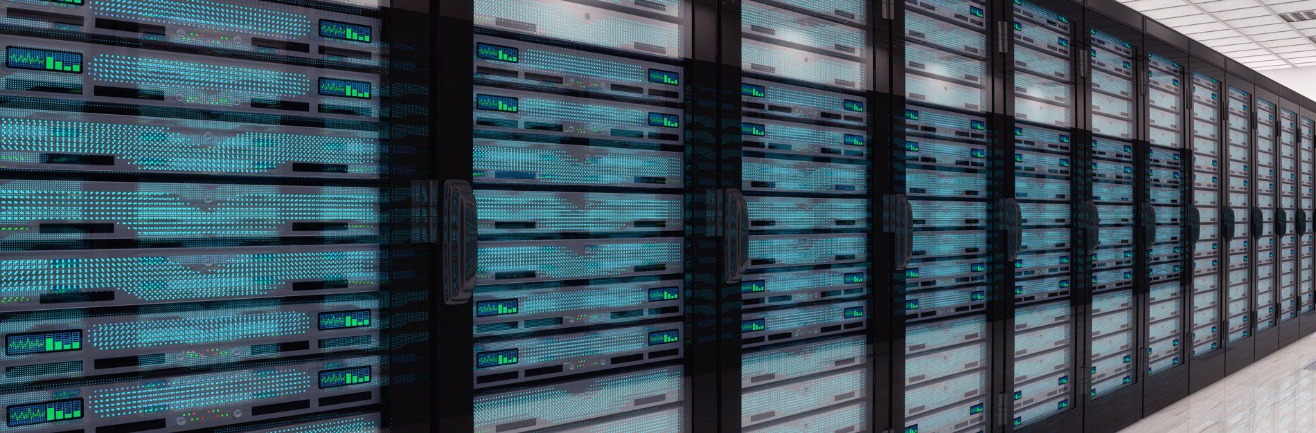Rows of server racks with blue and green glowing lights in a data center.
