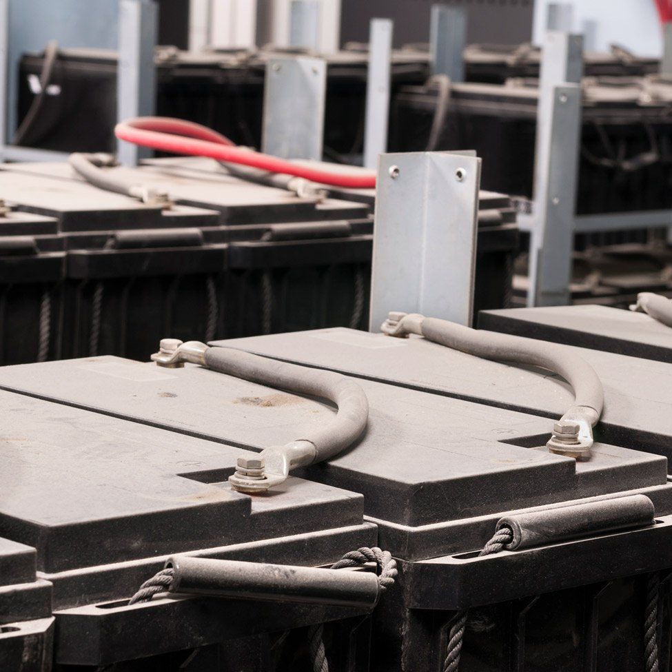 Rows of industrial batteries with curved, heavy-duty cables connecting them. Set in a metal frame.