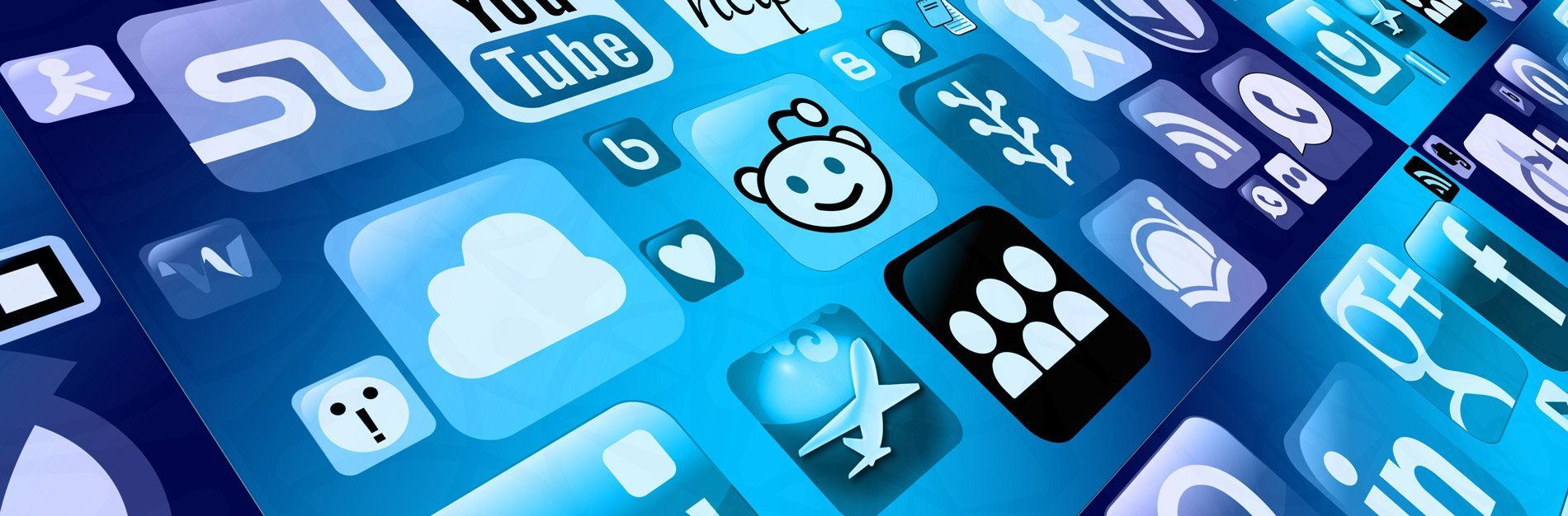 Blue-toned image of mobile app icons, including social media and cloud storage.