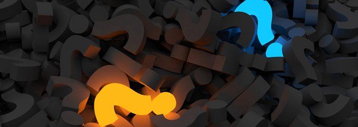 Pile of gray question marks, two of which glow, one orange and one blue.