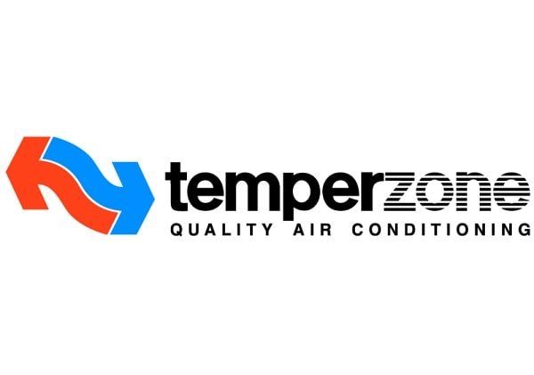 Logo for Temperzone Quality Air Conditioning: stylized orange and blue arrows, black text.