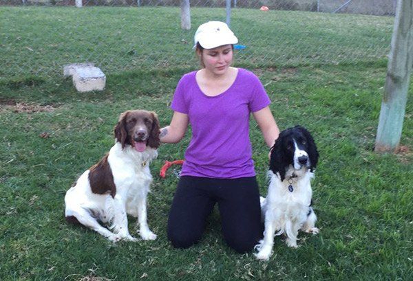 girl with two dogs on grass