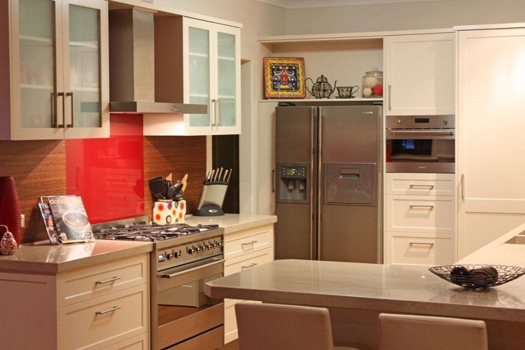 full modern kitchen with solid surface counters