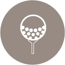 A white icon of a golf ball in a brown circle.