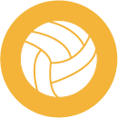A white volleyball is in a yellow circle.