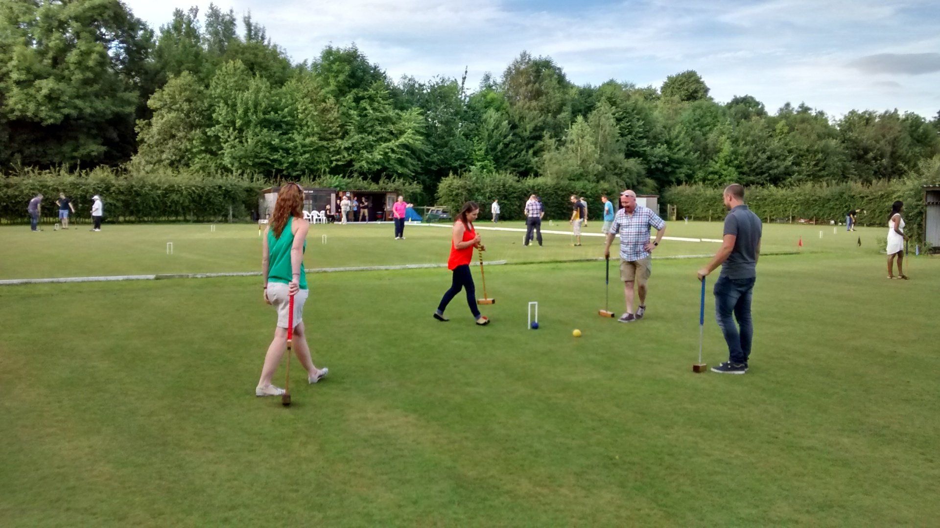 A group of people are playing a game of croquet on a lush green field.