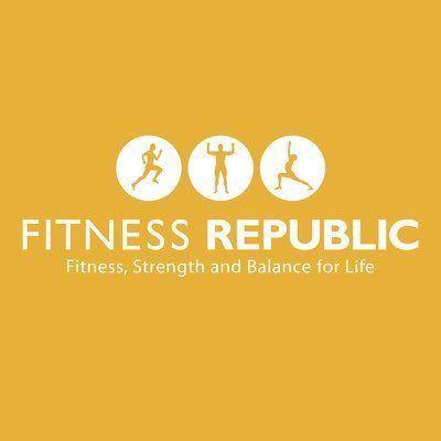 The logo for fitness republic is yellow and white and says fitness , strength and balance for life.