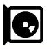 A black and white icon of a cd in a square frame.