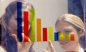 two women looking at a bar chart