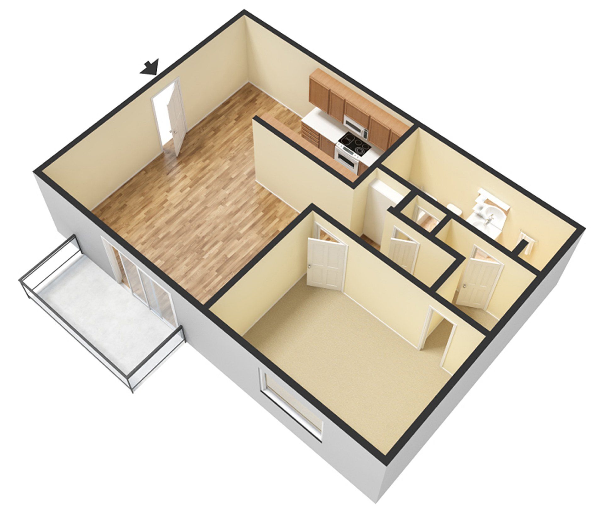 1 Bedroom 1.5 Bath Unfurnished