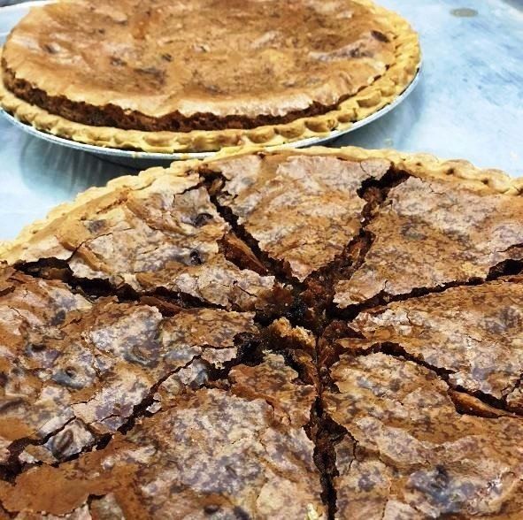 Tollhouse cookie pie cut into sections