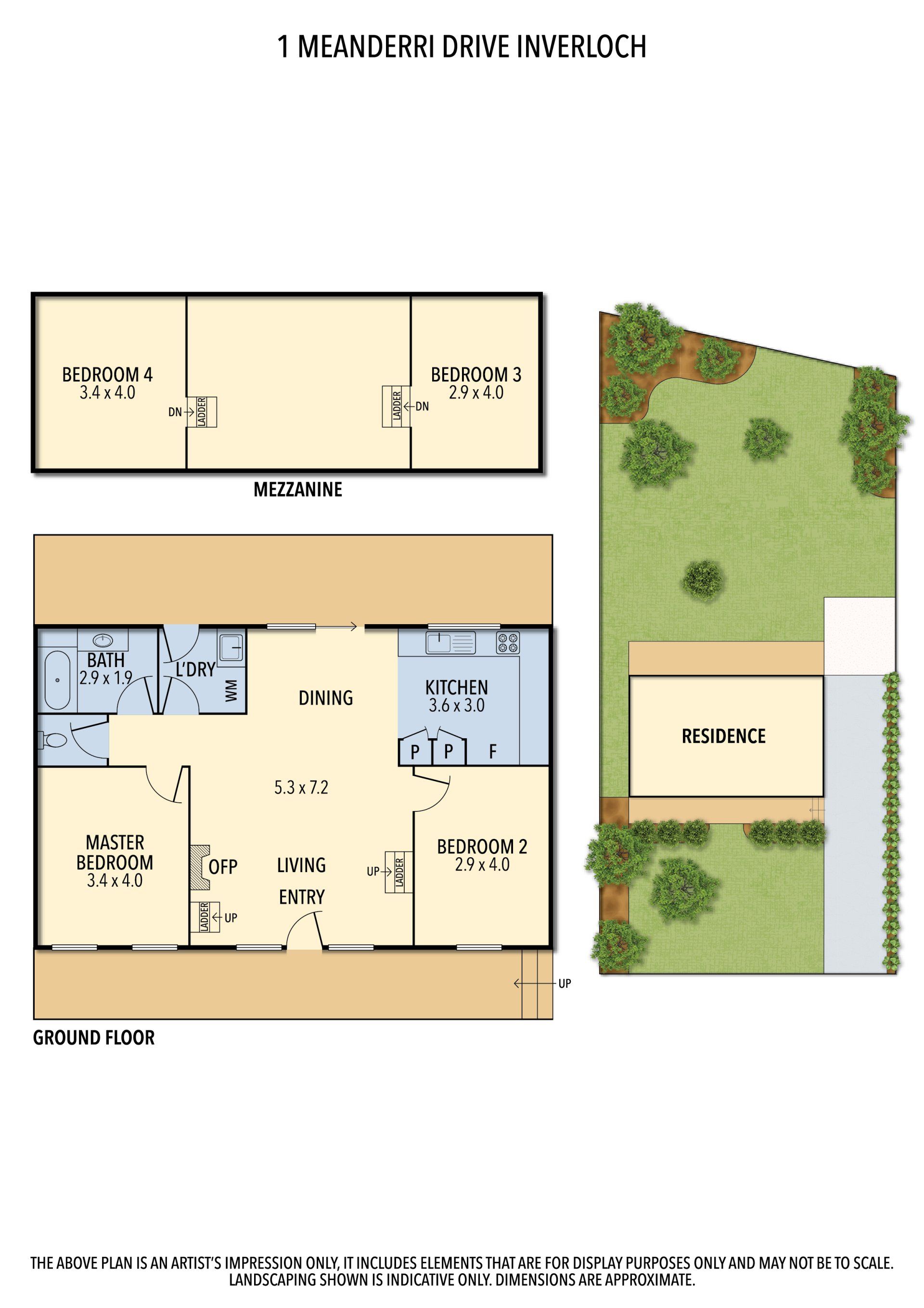 Floor plan and site layout showing rooms, driveway, and landscaped yard areas