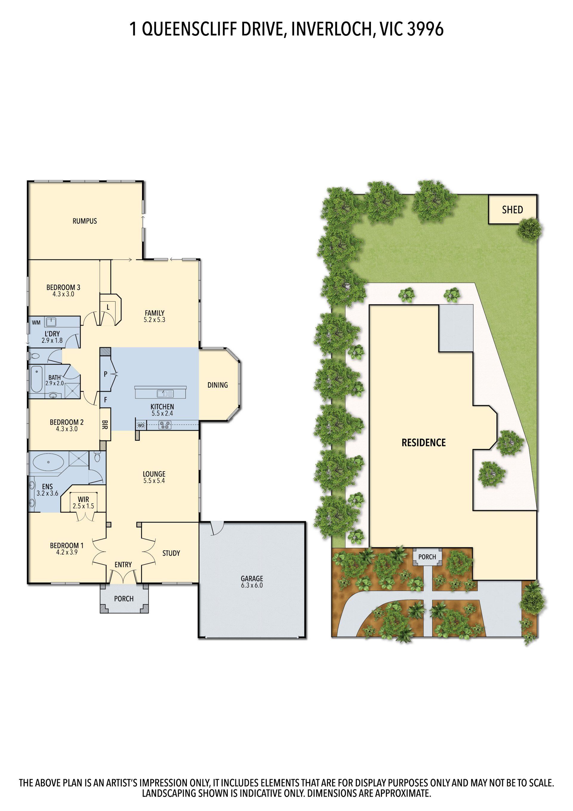 Two-site floor plan showing beige interior layout and green landscape with driveway and yard.