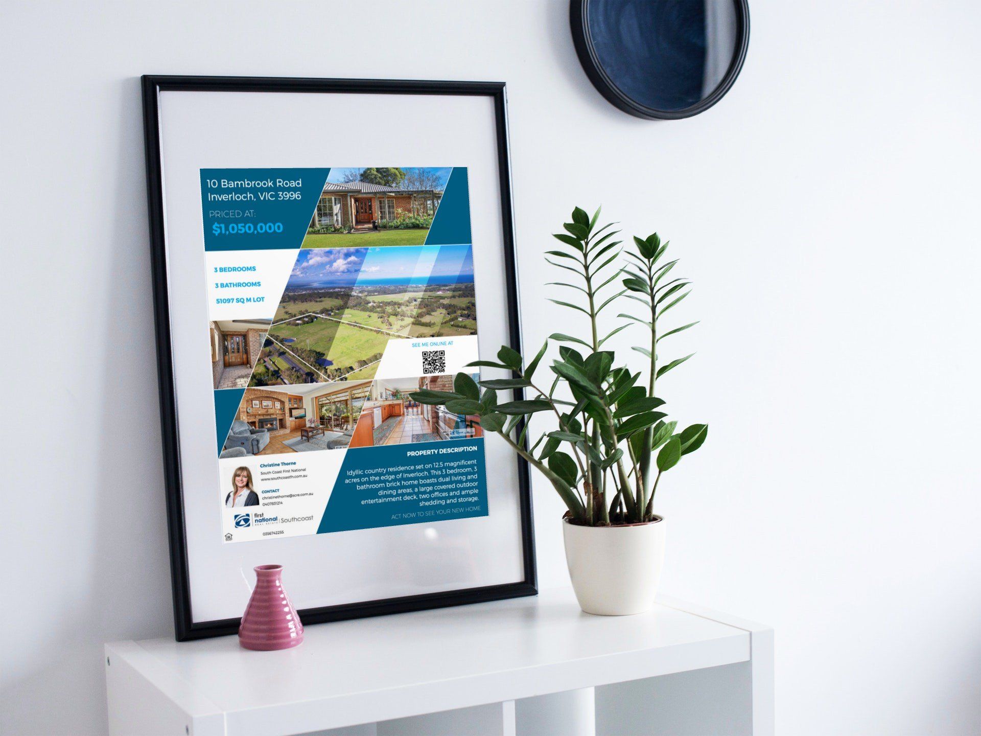Framed beach collage print on a white shelf beside a potted plant and pink vase