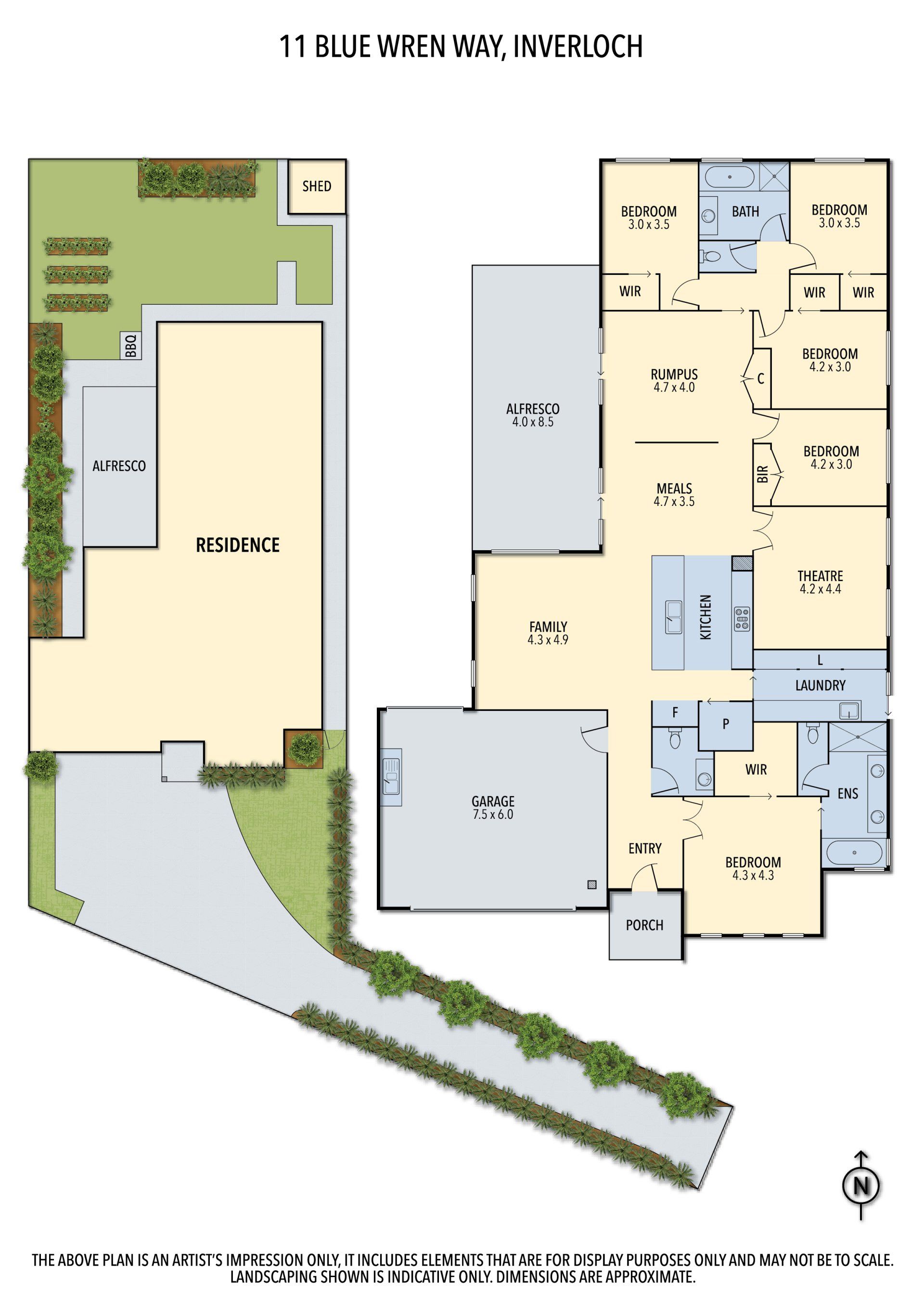 Color-coded floor plan with multiple rooms, patios, and landscaped outdoor areas.