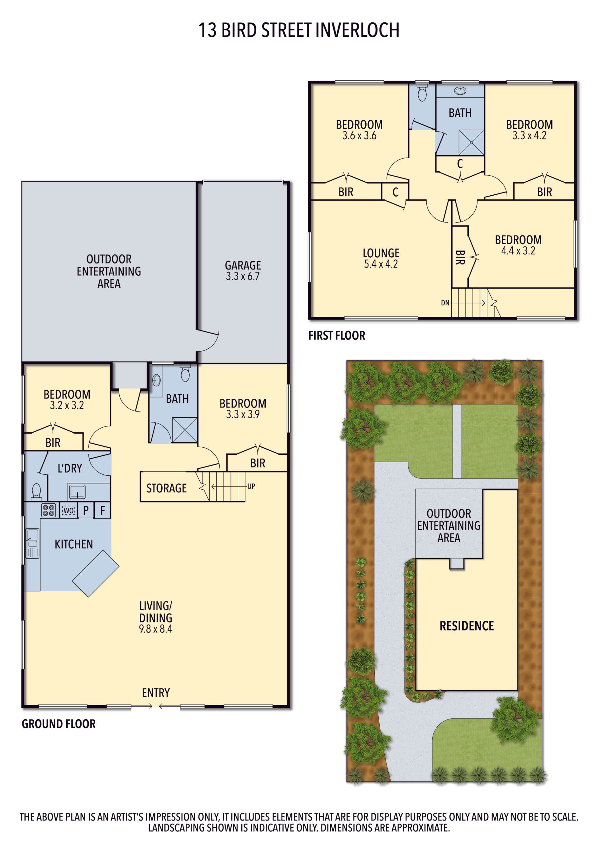Floor plan and site layout for a house, showing rooms, a yard, and labeled spaces.
