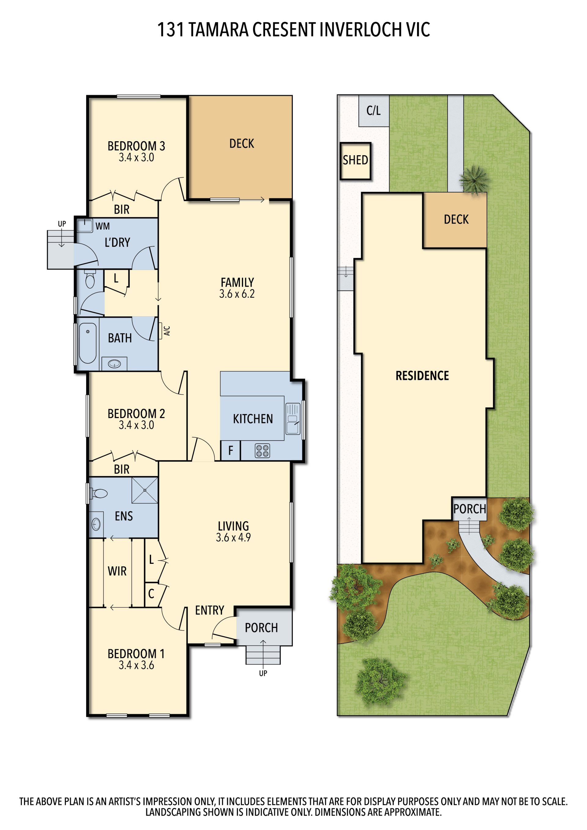 Floor plan of a two-story house with labeled rooms and a side yard garden layout.