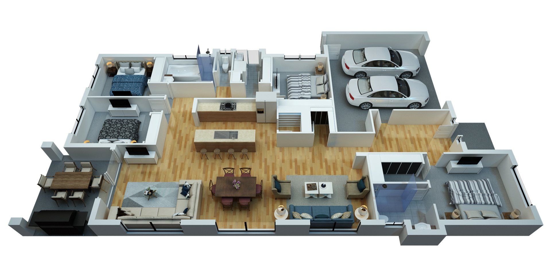 3D floor plan of a modern home with multiple rooms, furniture, and a garage