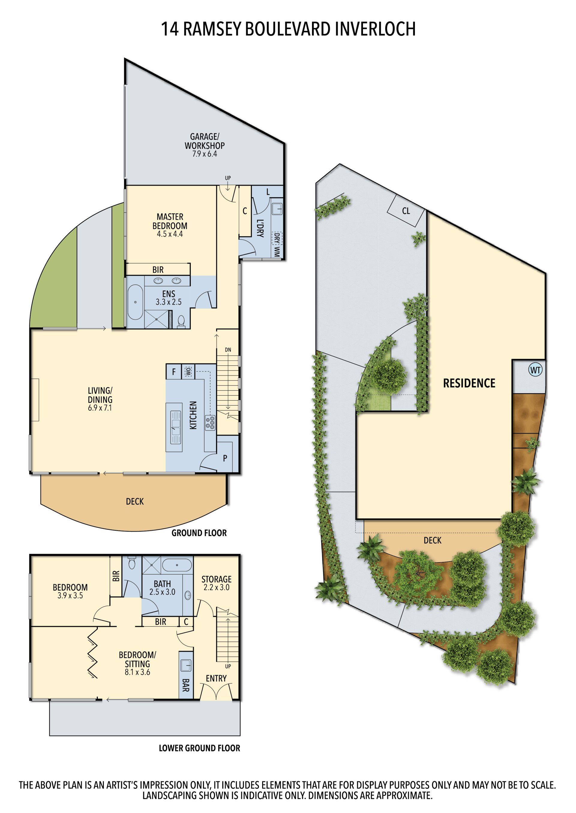 Floor plan and site plan of a modern house with blue room labels and surrounding landscaped yard.