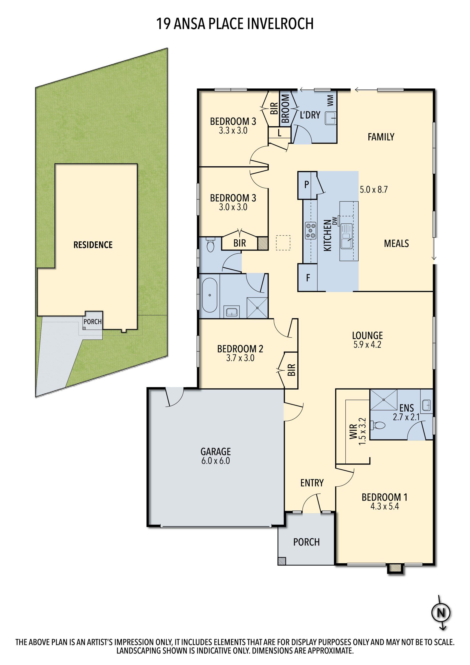 Colored architectural floor plan with room labels and dimensions on a white background
