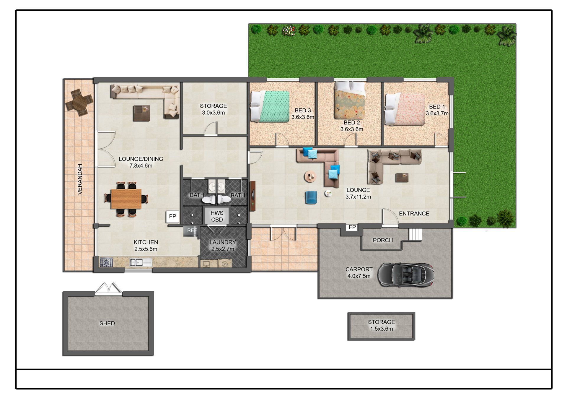 Detailed floor plan of a house with labeled rooms, furniture, and a green backyard area