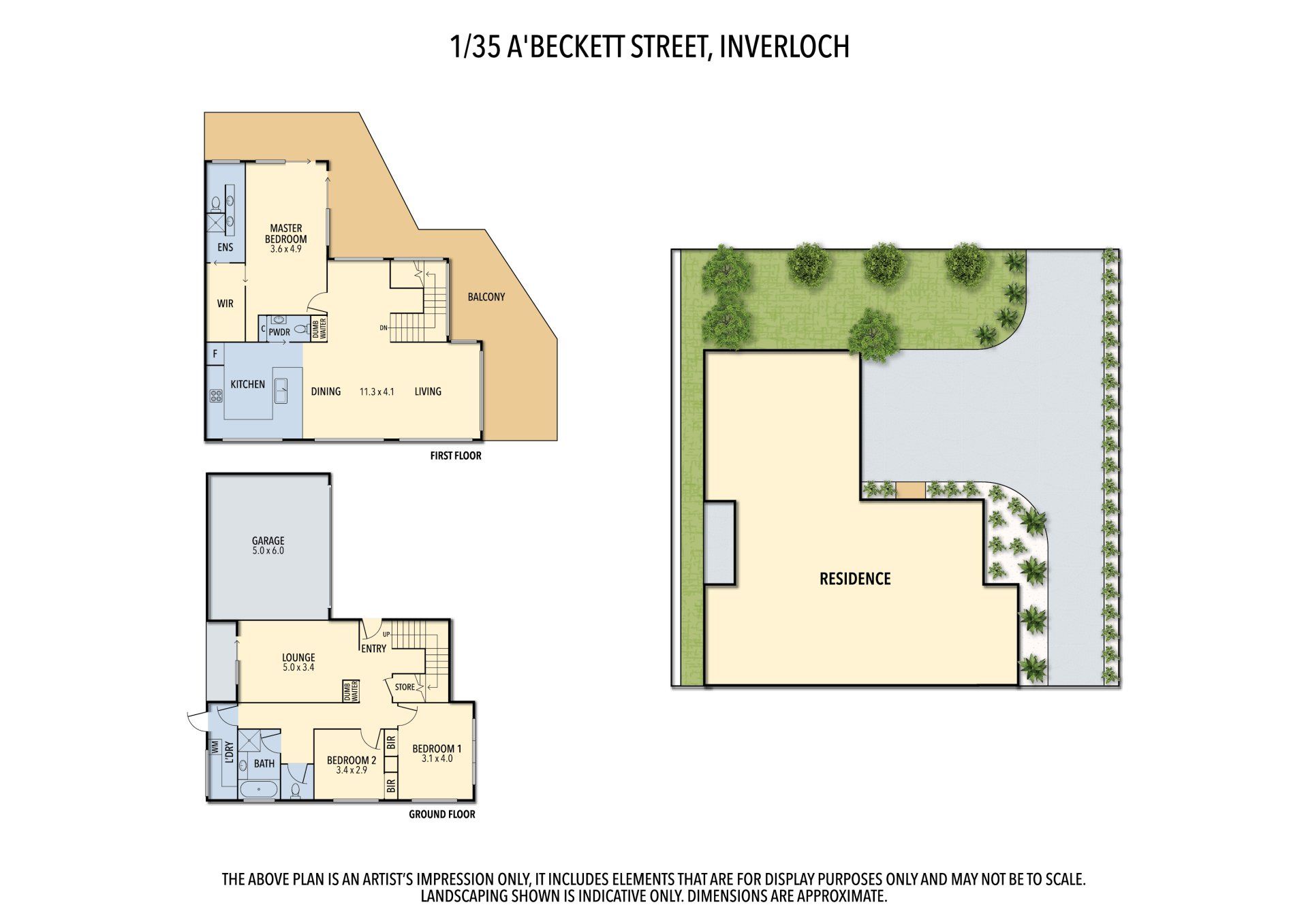 Floor plan and landscaping diagram of a house and yard layout, with labeled rooms and garden areas.