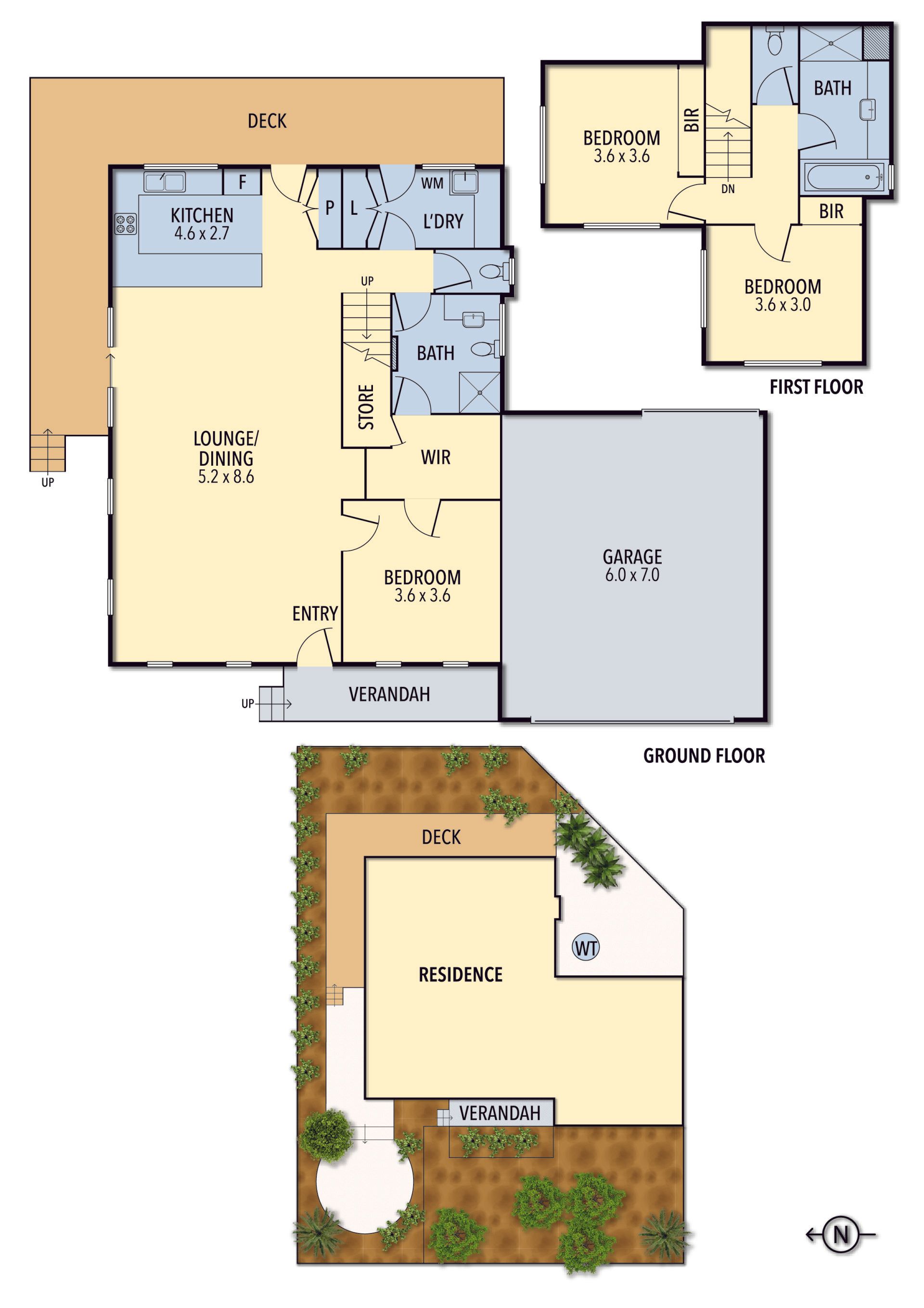 House floor plan with beige rooms, blue bathrooms, a garage, and a small yard layout