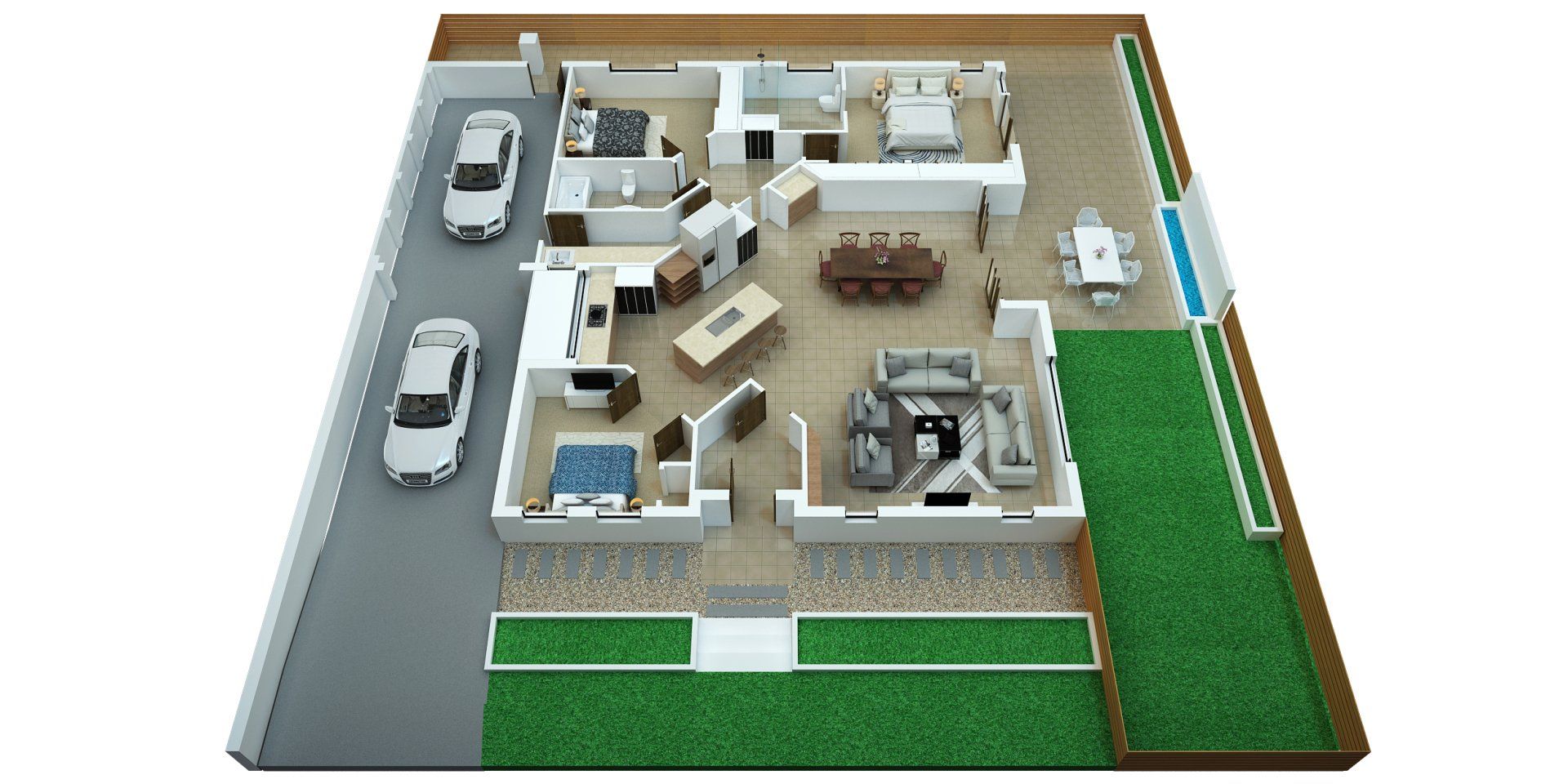 3D model of a house floor plan with cars in the driveway and a green yard