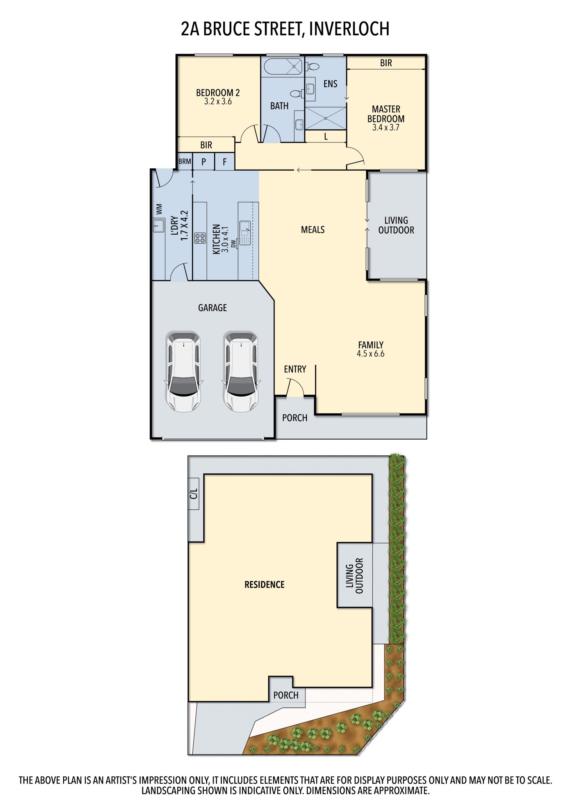 Site plan and floor plan diagrams with labeled rooms, driveway, and landscaped yard areas.