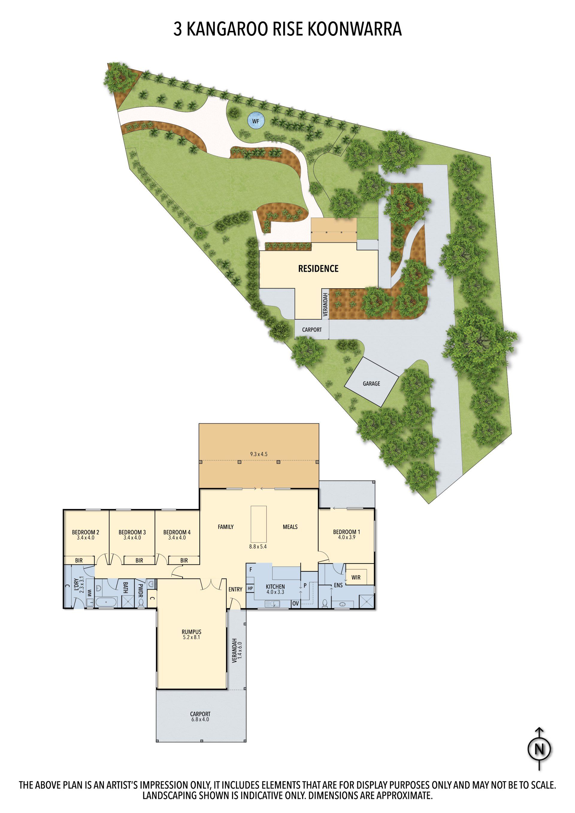 Site plan and floor plan of a building, with green landscaping and beige interior layout.