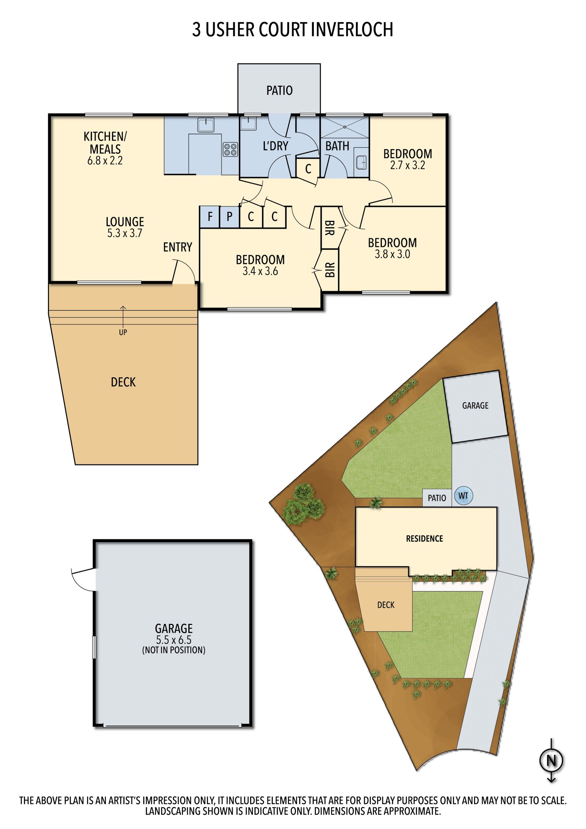 Apartment floor plan and site layout showing rooms, labels, and a colored outdoor area diagram