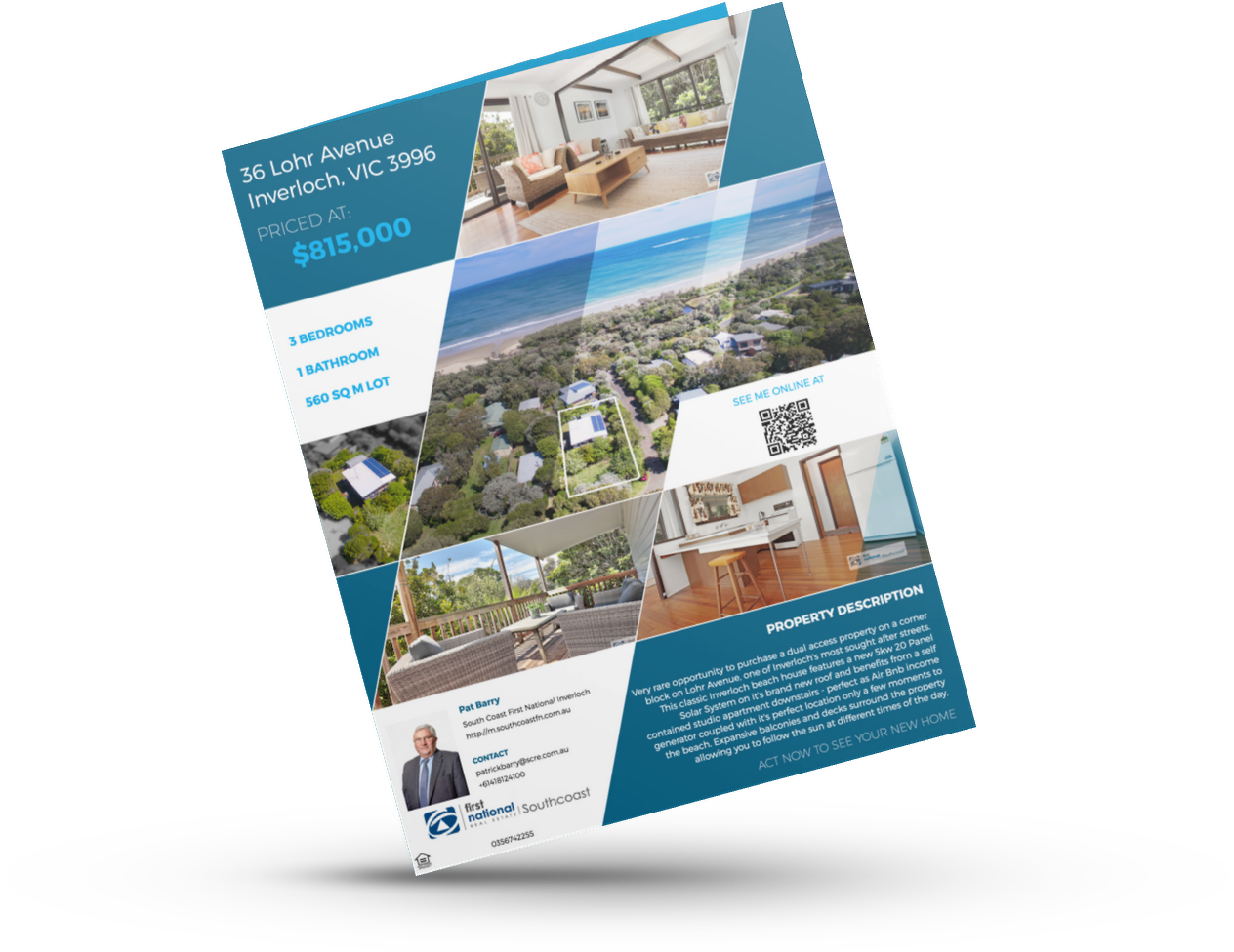 Tilted real estate flyer with aerial home photos, interior images, agent headshot, and blue-white text panels