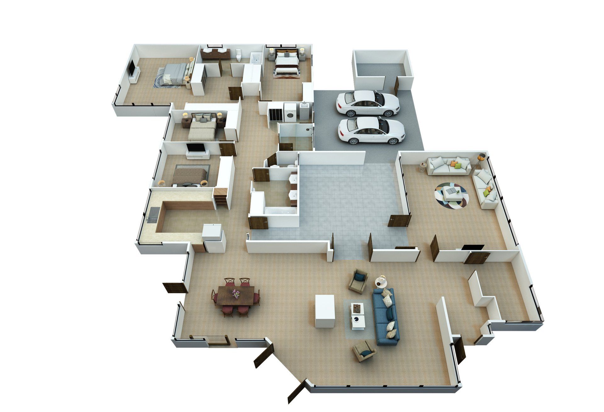 3D floor plan of a furnished house with multiple rooms, beige walls, gray floors, and living area furniture