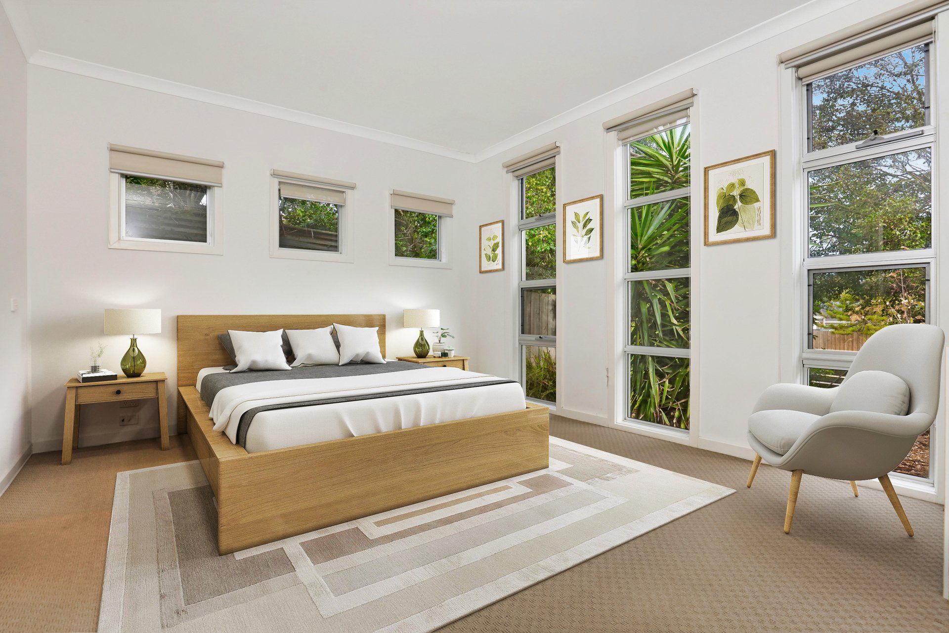 Bright modern bedroom with a wooden bed, white bedding, tall windows, and a gray chair