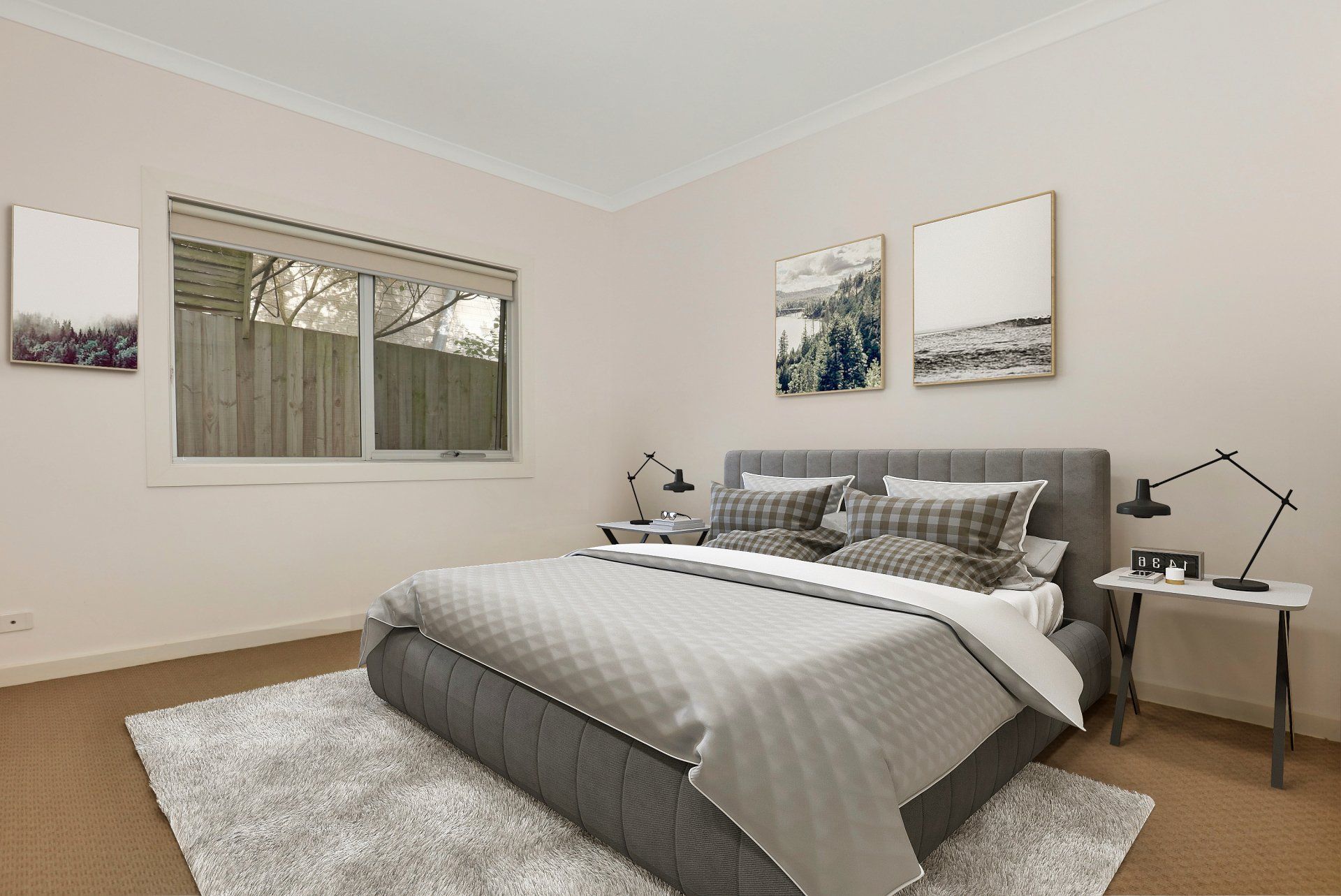 Bright, minimalist bedroom with a gray bed, two windows, wall art, and a bedside lamp