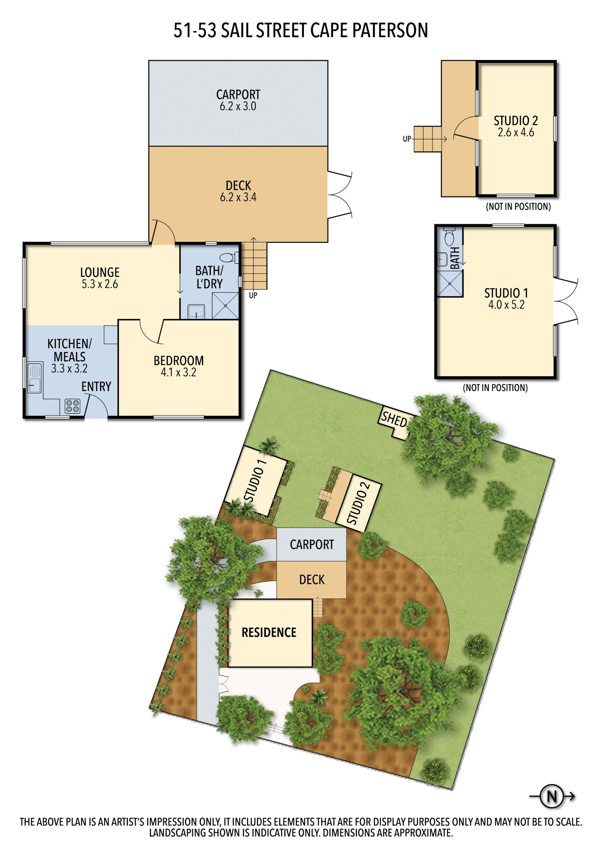 Site plan with labeled floor plan rooms and a landscaped yard with trees and patios.