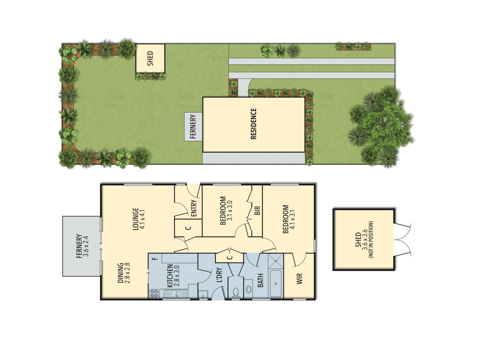 Top-down site plan with tan buildings, green lawn, trees, and labeled walkways.