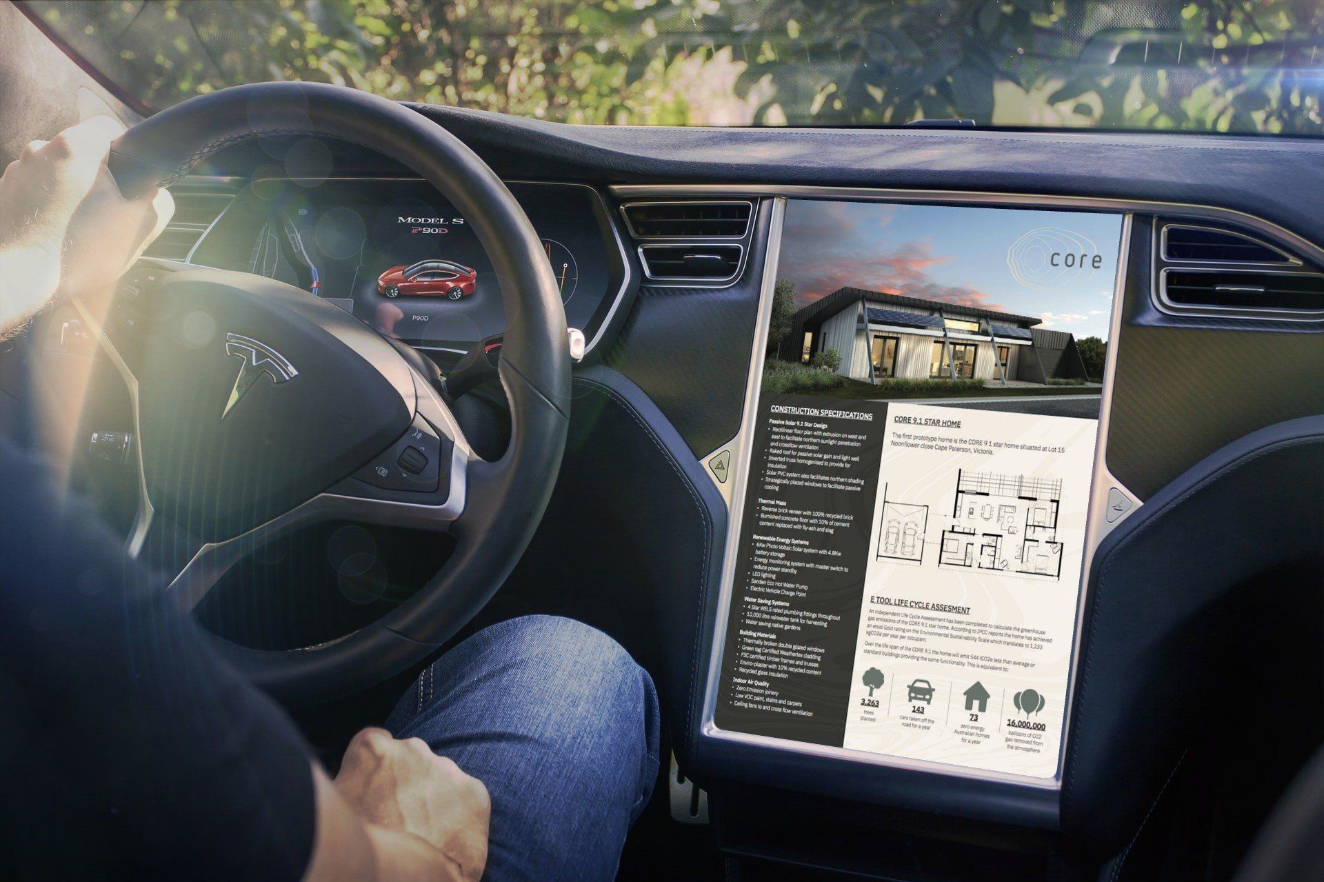 Driver viewing a large touchscreen in a car, showing a property listing with a house photo and floor plan.