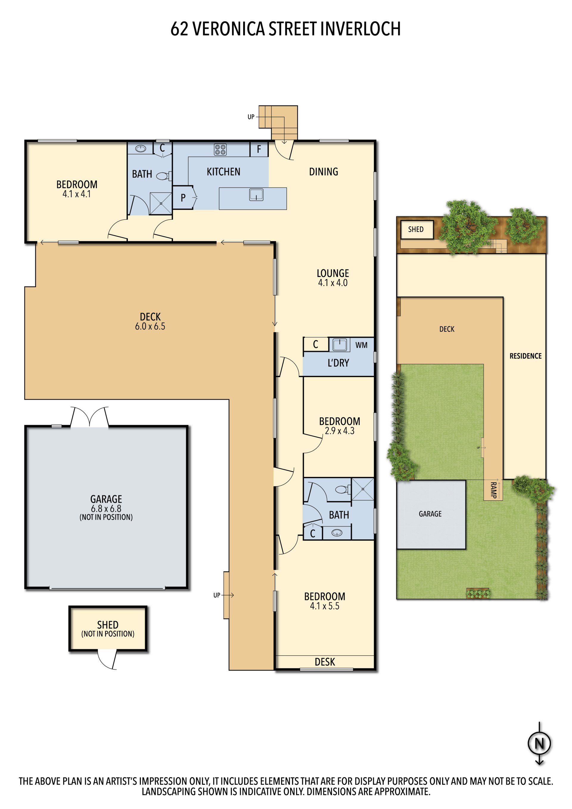 Architectural site plan with labeled rooms, tan pathways, gray building, and green landscaping.
