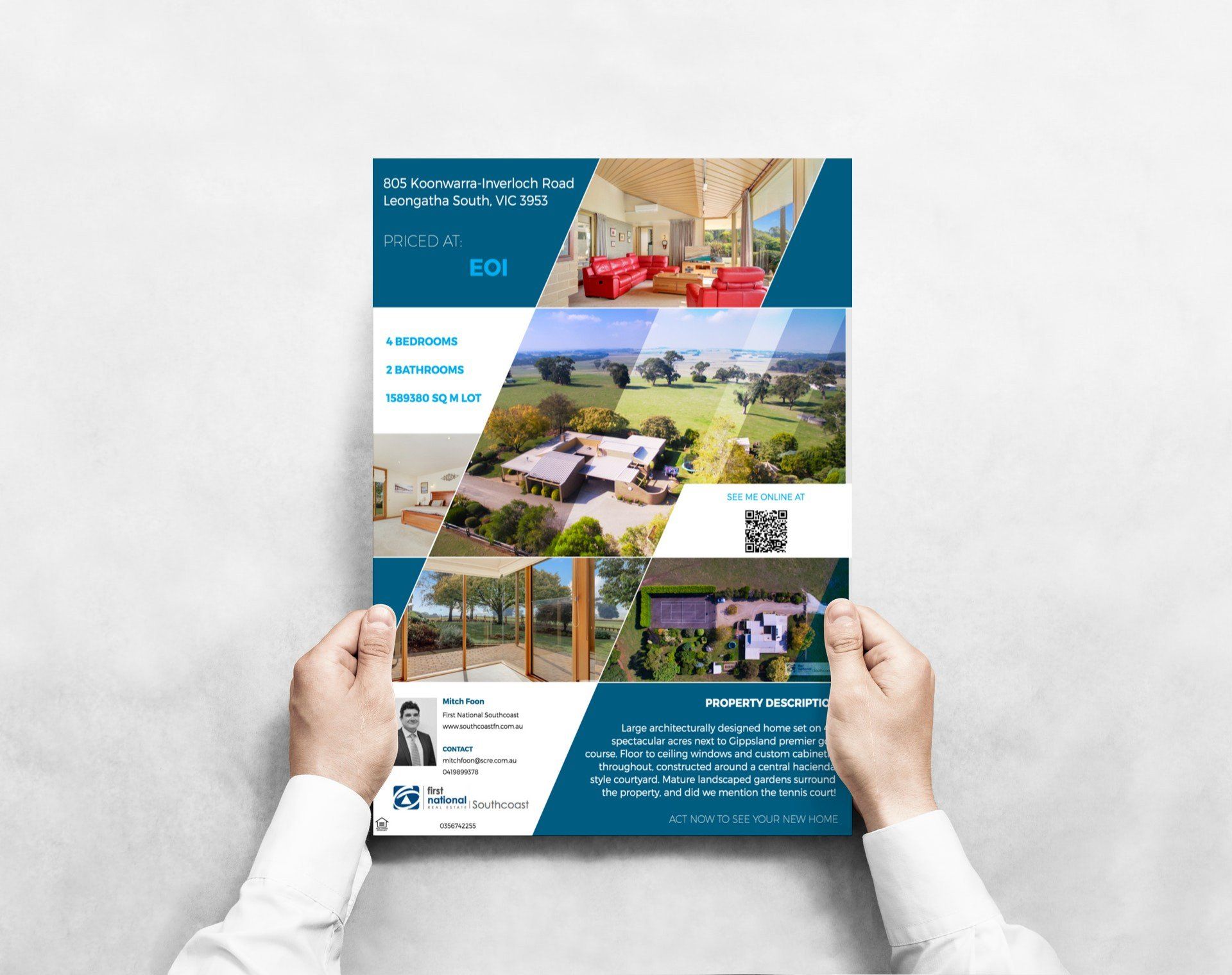Hands holding a blue travel brochure with resort photos and a QR code on a white background