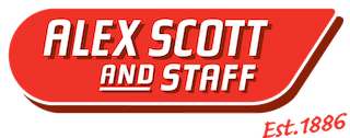Alex Scott and Staff red-and-white logo with Est. 1886 text
