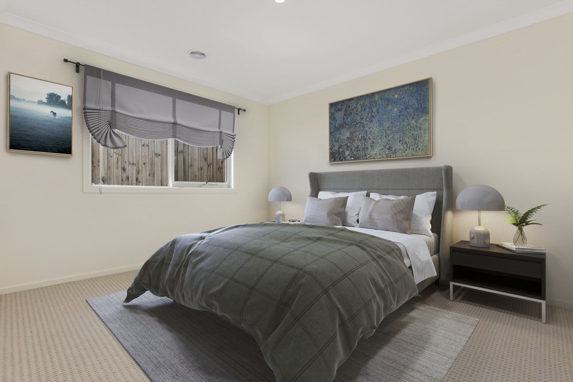Bright bedroom with gray bed, matching rug, bedside tables, and abstract wall art.