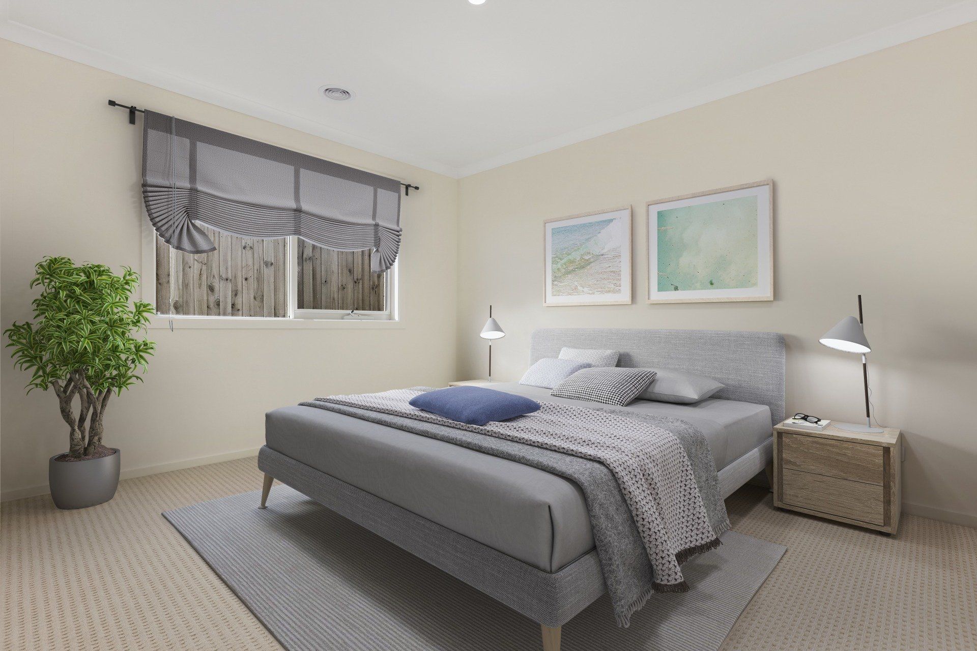 Neat beige bedroom with a gray bed, bedside lamps, potted plant, and window with striped curtains