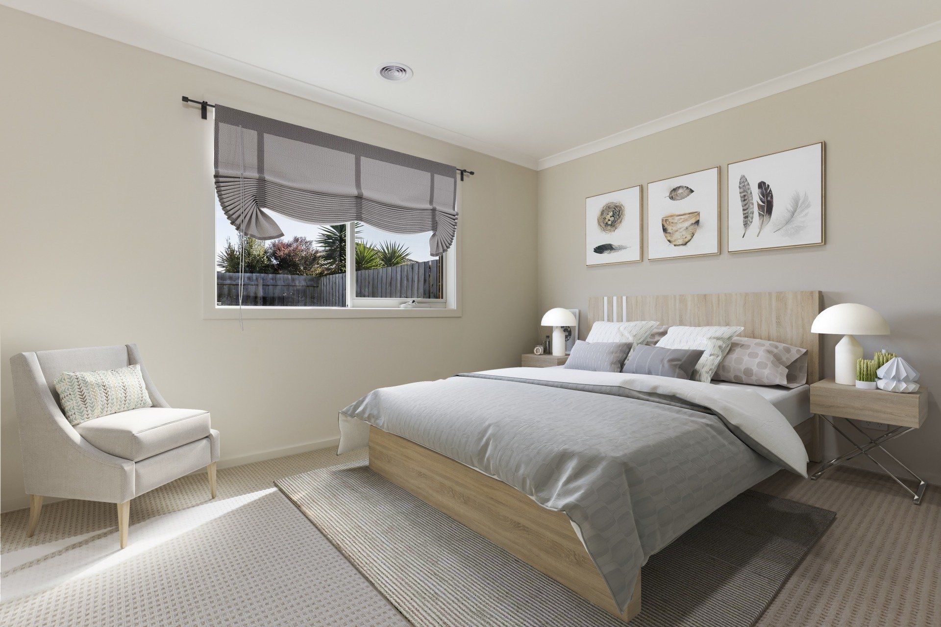 Modern bedroom with a gray bed, white chair, bedside lamps, and window with striped valance