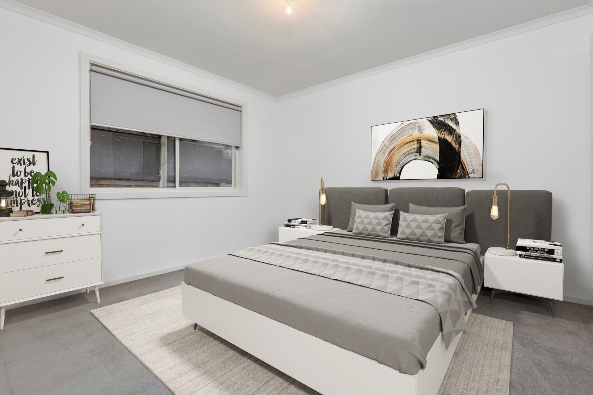 Bright modern bedroom with gray bed, white dresser, window, and abstract wall art