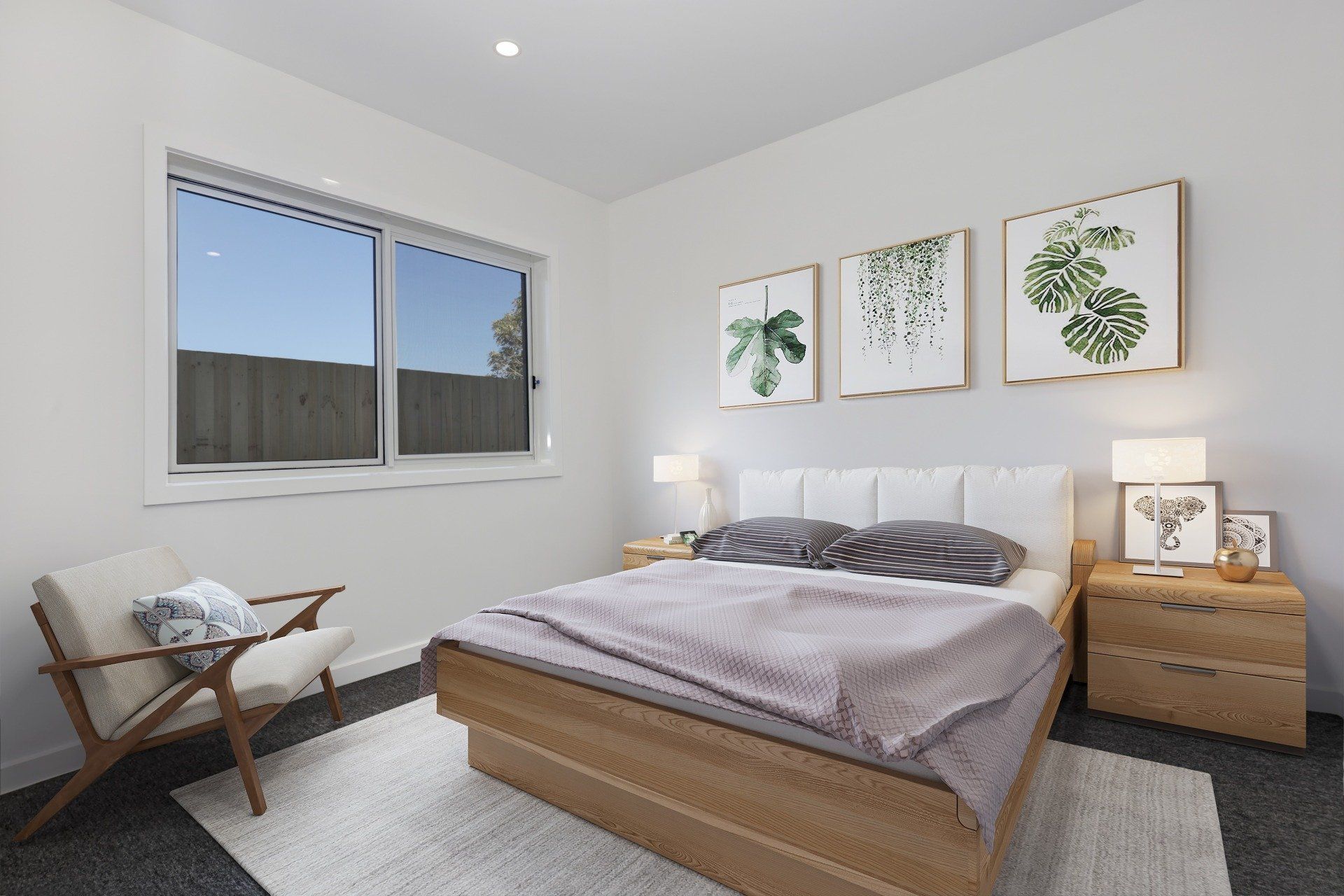 Bright bedroom with a bed, nightstands, wall art, window, and wooden chair